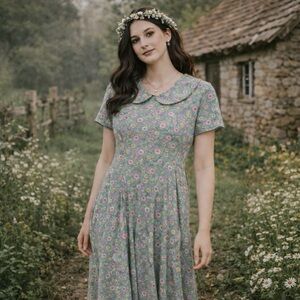 Vintage FLAX Cottagecore Lavender Floral Midi Dress Collared Prairiecore Large